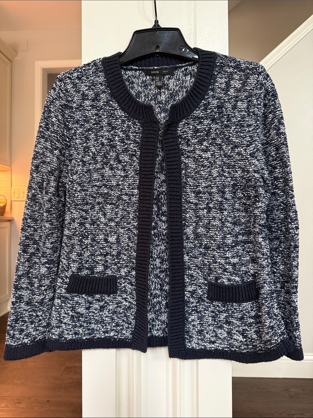 Mango Navy and White Marled Open-Front Cardigan Suit Jacket Blazer Small